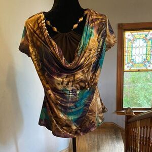 Y2K Boho Beaded Cinched Waist Shirt Print Small Petitite